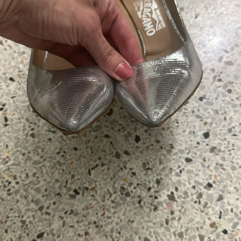 Salvatore Ferragamo silver metallic heels pumps 8.5